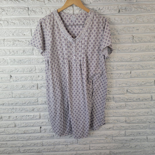 Aria Women's 1X Plus Nightgown Blue Geometric Lace Trim V-Neck Cotton Blend Gown