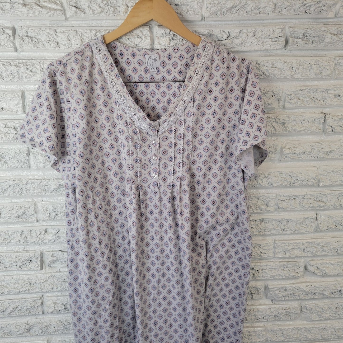 Aria Women's 1X Plus Nightgown Blue Geometric Lace Trim V-Neck Cotton Blend Gown