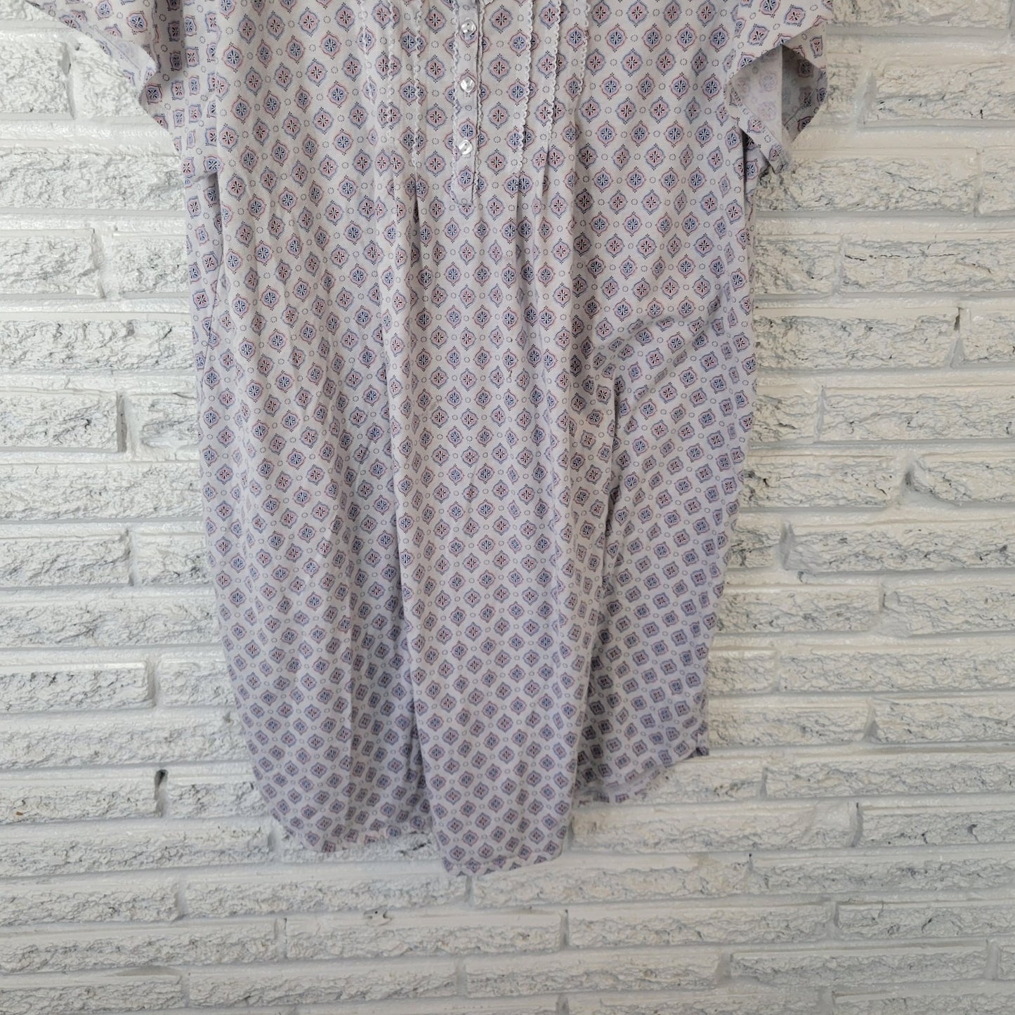 Aria Women's 1X Plus Nightgown Blue Geometric Lace Trim V-Neck Cotton Blend Gown