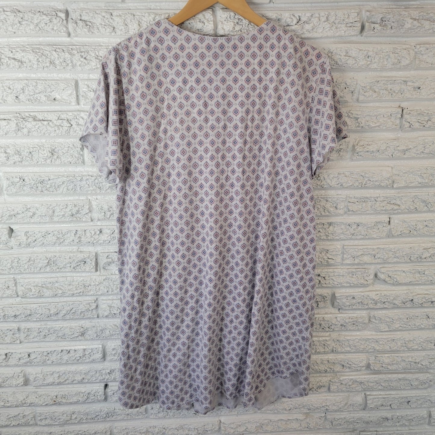 Aria Women's 1X Plus Nightgown Blue Geometric Lace Trim V-Neck Cotton Blend Gown
