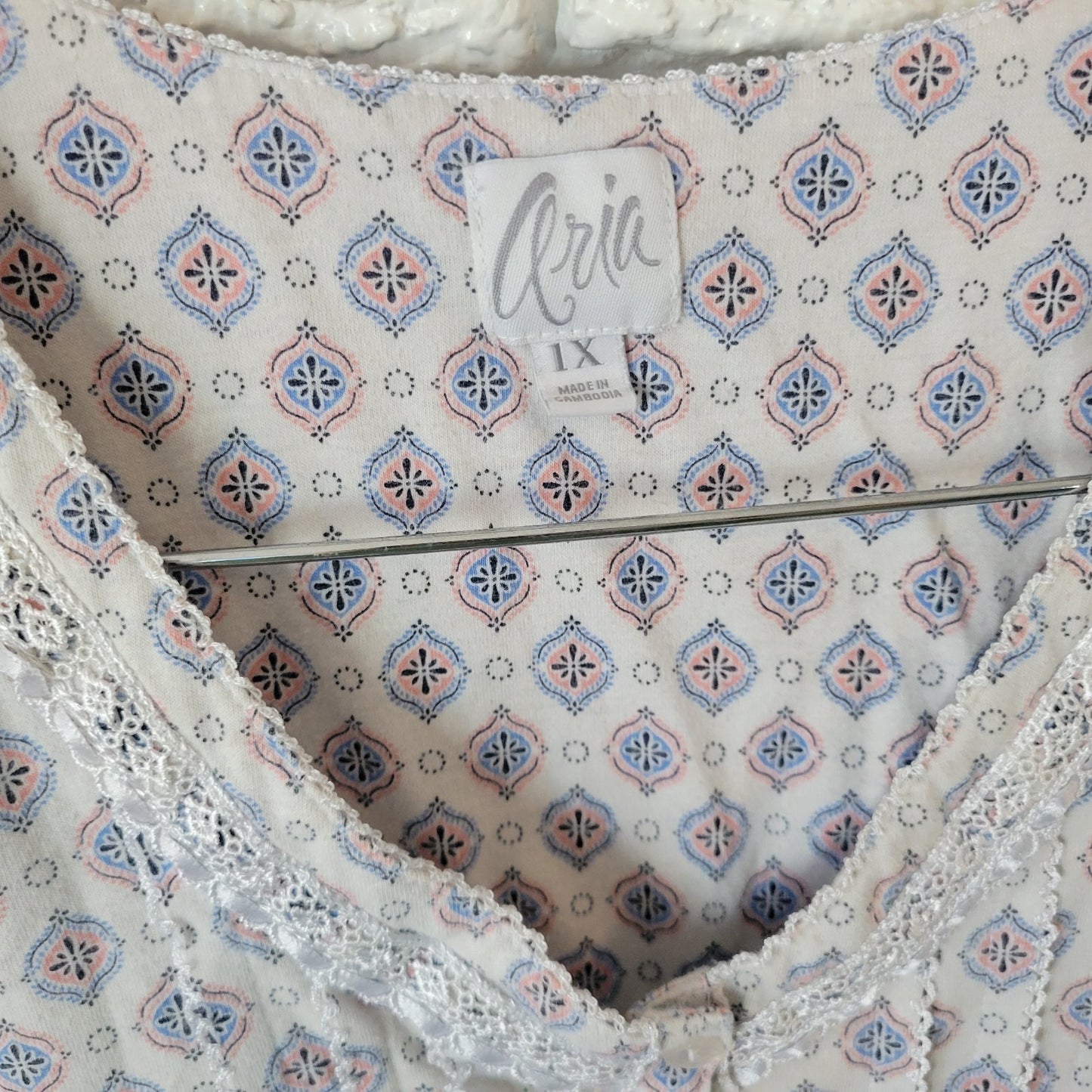 Aria Women's 1X Plus Nightgown Blue Geometric Lace Trim V-Neck Cotton Blend Gown