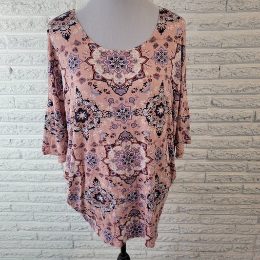 Agnes & Dora XL Tunic Top Pink Blue Geometric Mandala Boat Neck 3/4 Dolman