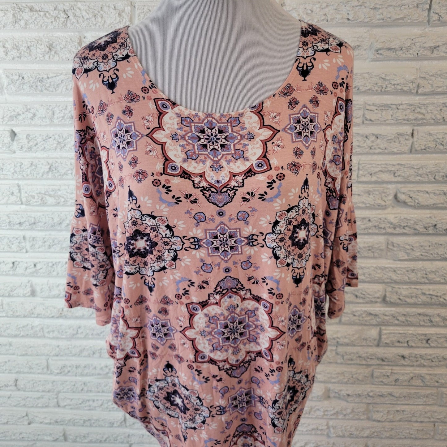 Agnes & Dora XL Tunic Top Pink Blue Geometric Mandala Boat Neck 3/4 Dolman