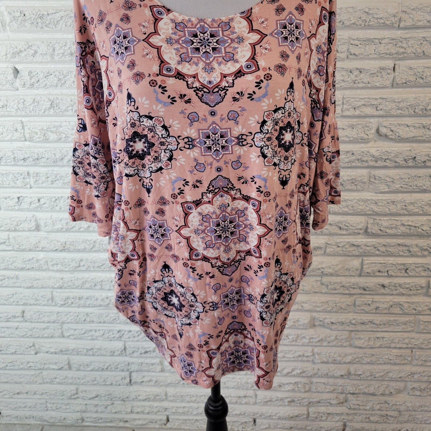 Agnes & Dora XL Tunic Top Pink Blue Geometric Mandala Boat Neck 3/4 Dolman