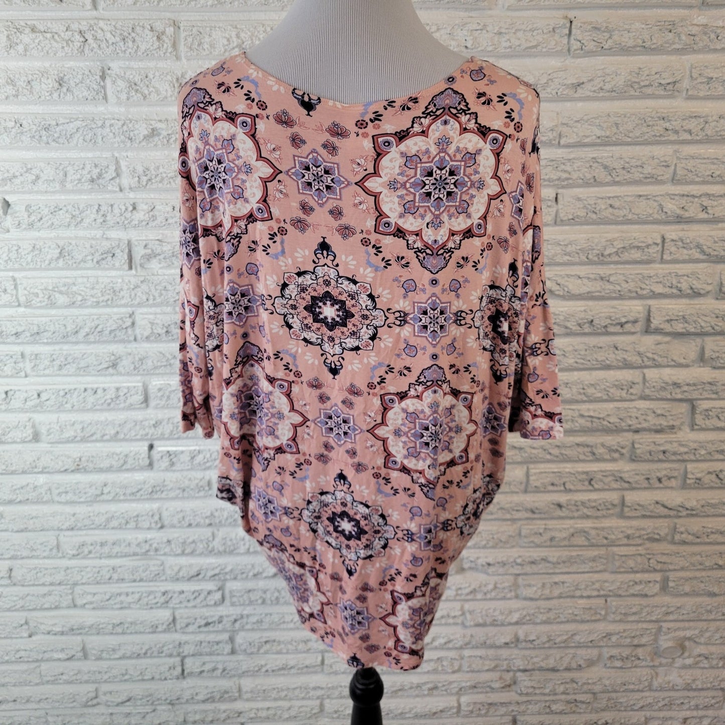 Agnes & Dora XL Tunic Top Pink Blue Geometric Mandala Boat Neck 3/4 Dolman