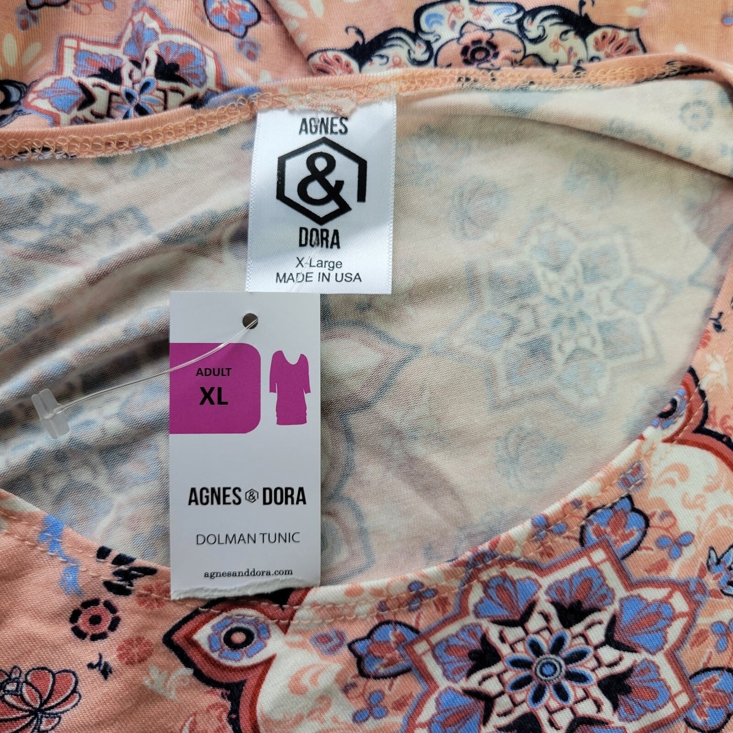 Agnes & Dora XL Tunic Top Pink Blue Geometric Mandala Boat Neck 3/4 Dolman