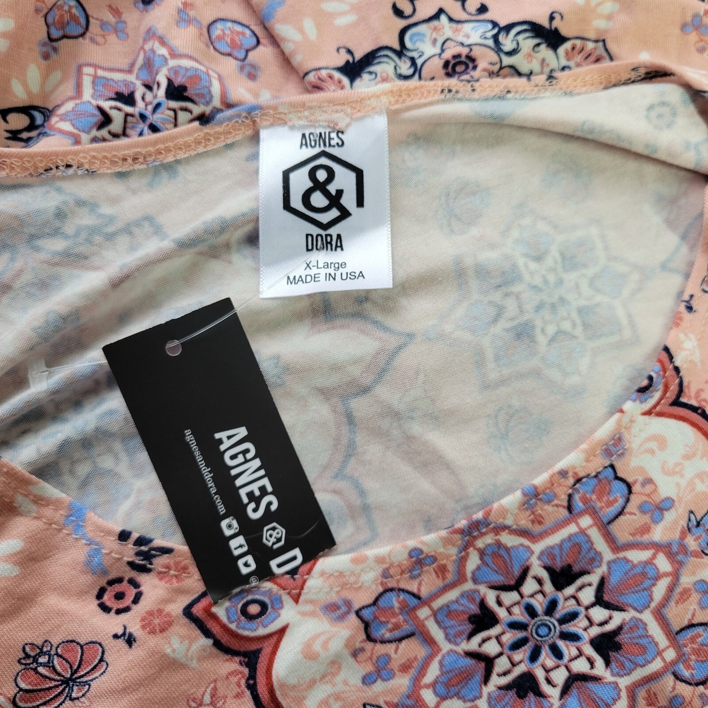 Agnes & Dora XL Tunic Top Pink Blue Geometric Mandala Boat Neck 3/4 Dolman