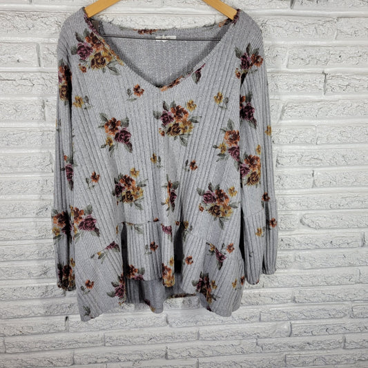 Maurices Womens 3X Plus Size Sweater Gray Brown Floral V-Neck Knit Pullover Soft