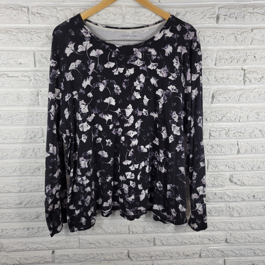 Croft Barrow Womens Top 3X Plus Tee Classic Long Sleeve Black Gray Floral Comfy