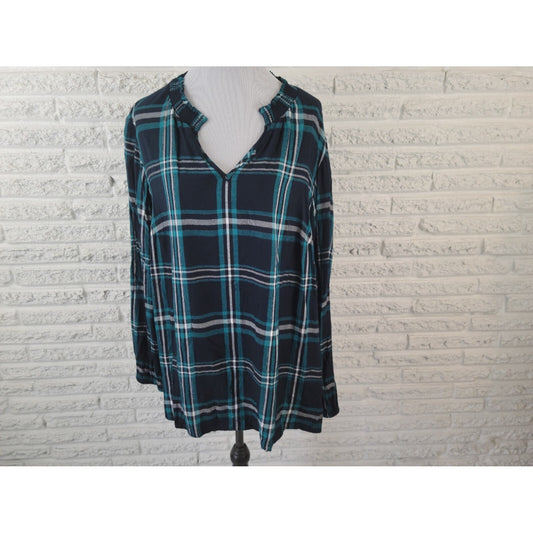 Lane Bryant Women Top 18 Plus Elastic Long Sleeve Pullover Blue Metallic Plaid