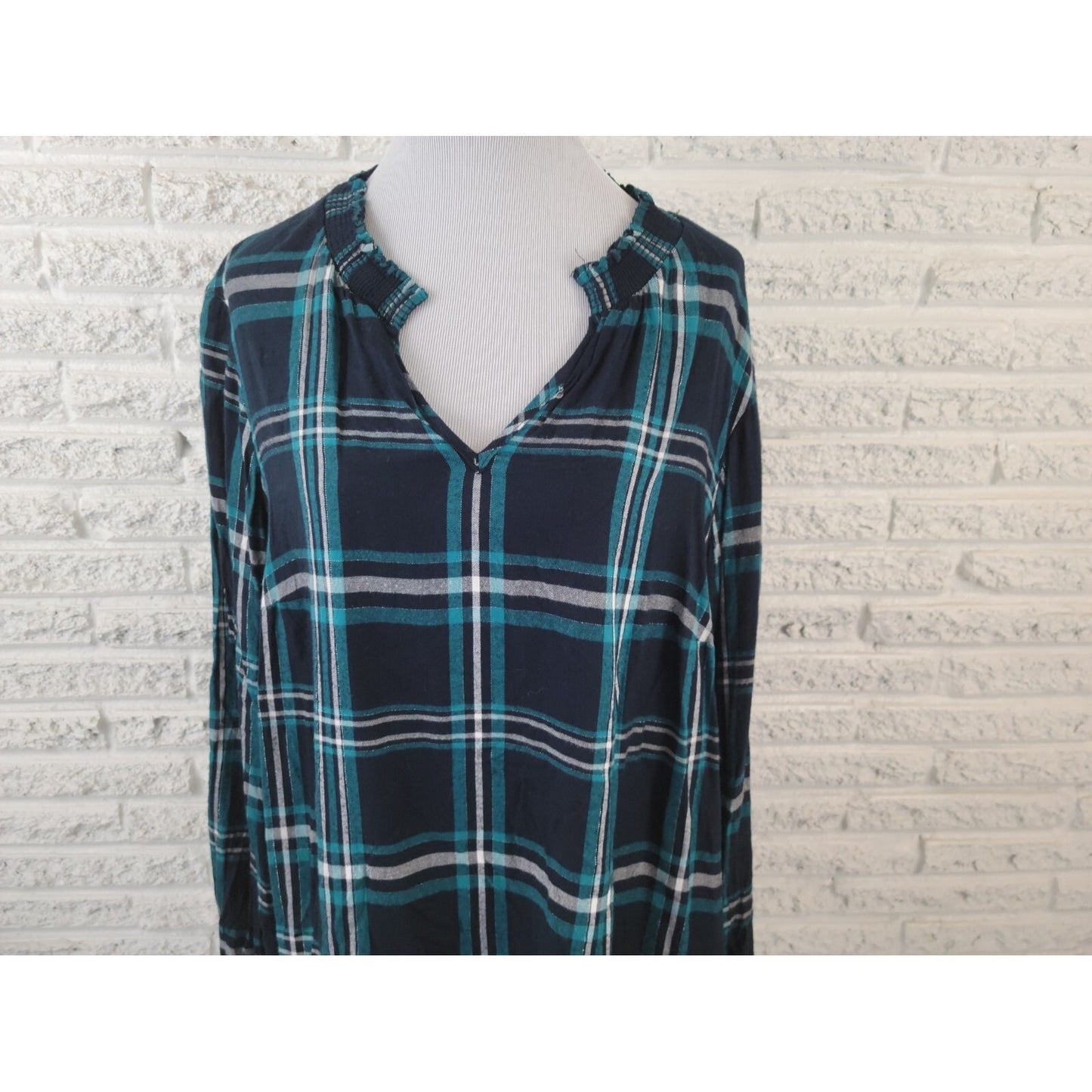 Lane Bryant Women Top 18 Plus Elastic Long Sleeve Pullover Blue Metallic Plaid