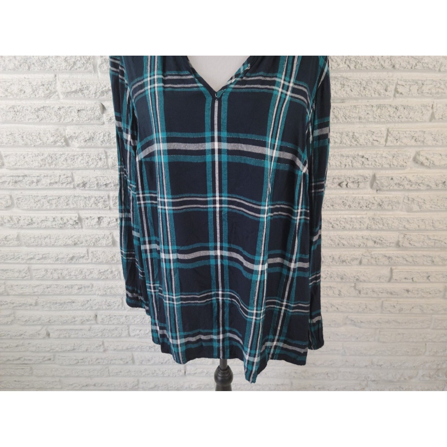 Lane Bryant Women Top 18 Plus Elastic Long Sleeve Pullover Blue Metallic Plaid