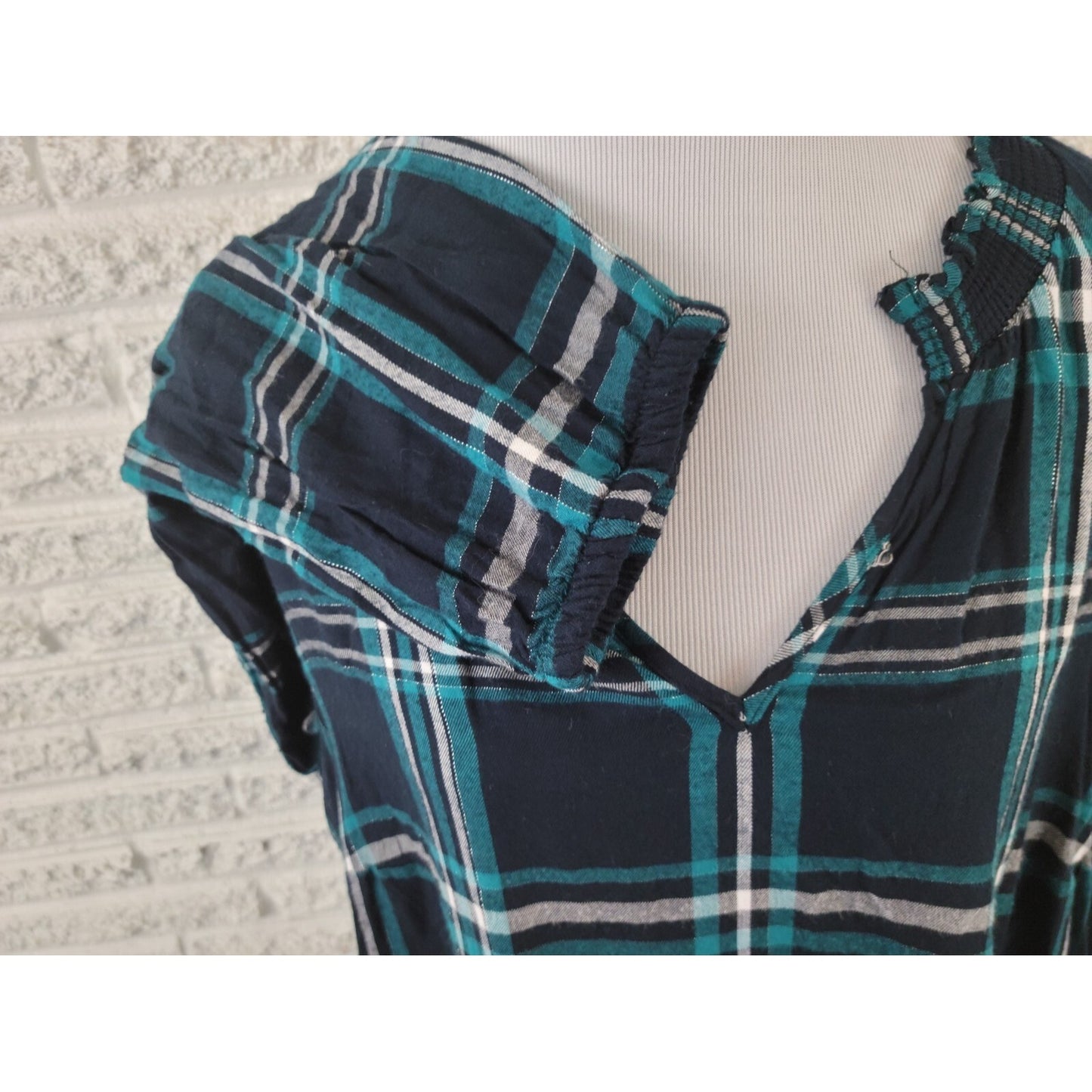 Lane Bryant Women Top 18 Plus Elastic Long Sleeve Pullover Blue Metallic Plaid