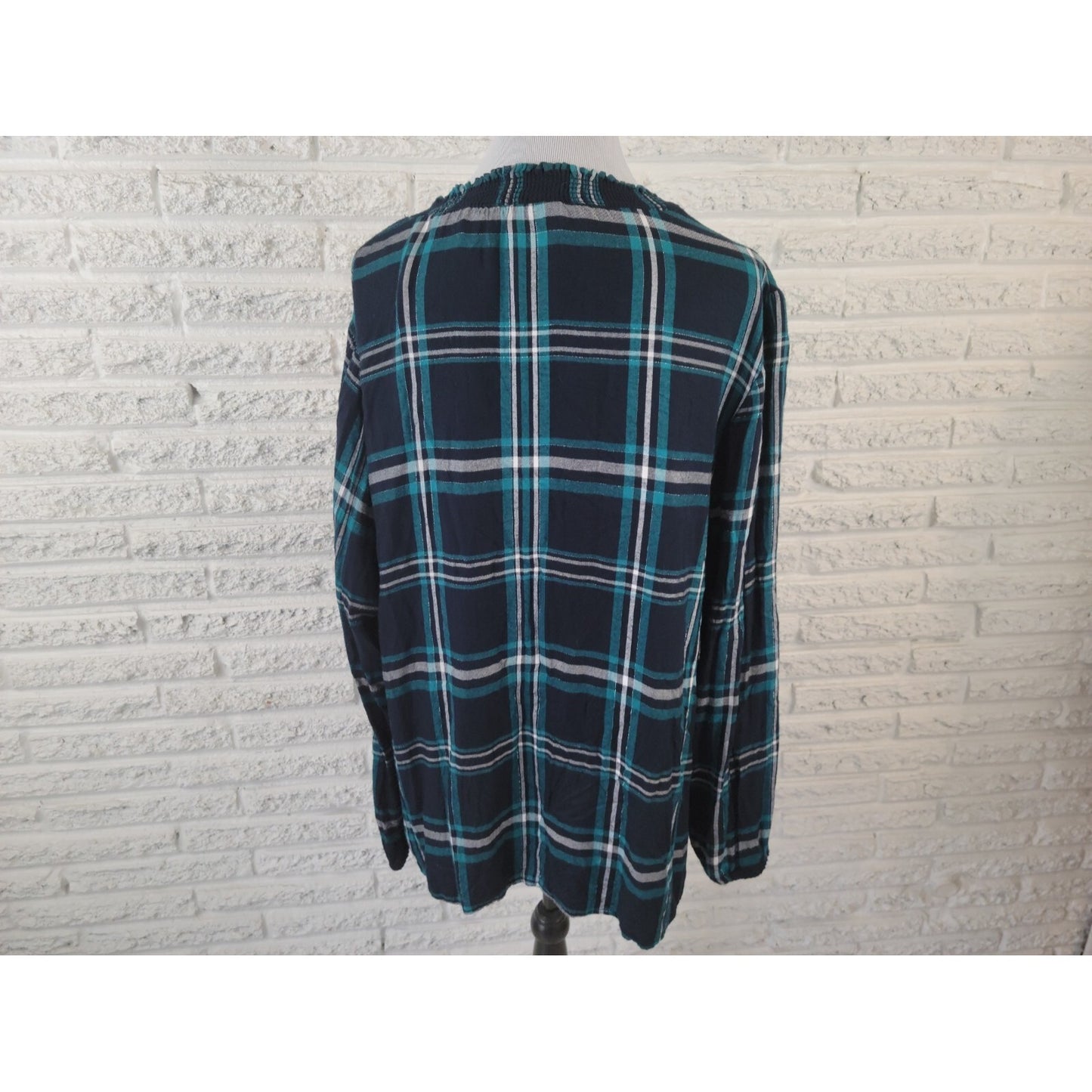Lane Bryant Women Top 18 Plus Elastic Long Sleeve Pullover Blue Metallic Plaid