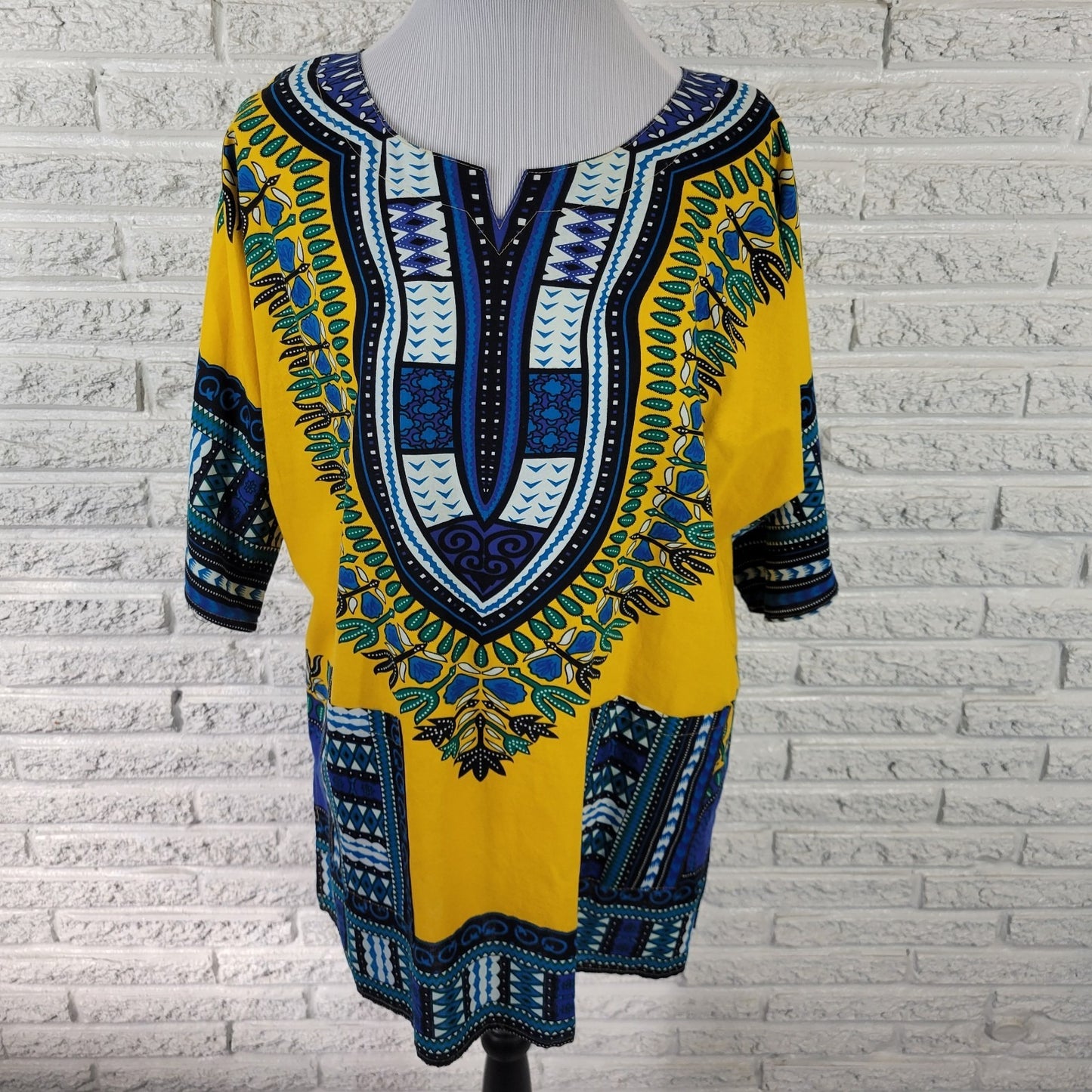 It Girl Womens Top XL Tunic Dolman Sleeve Yellow Geometric Boho Festival Cotton