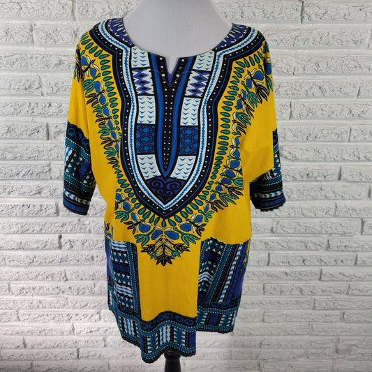 It Girl Womens Top XL Tunic Dolman Sleeve Yellow Geometric Boho Festival Cotton