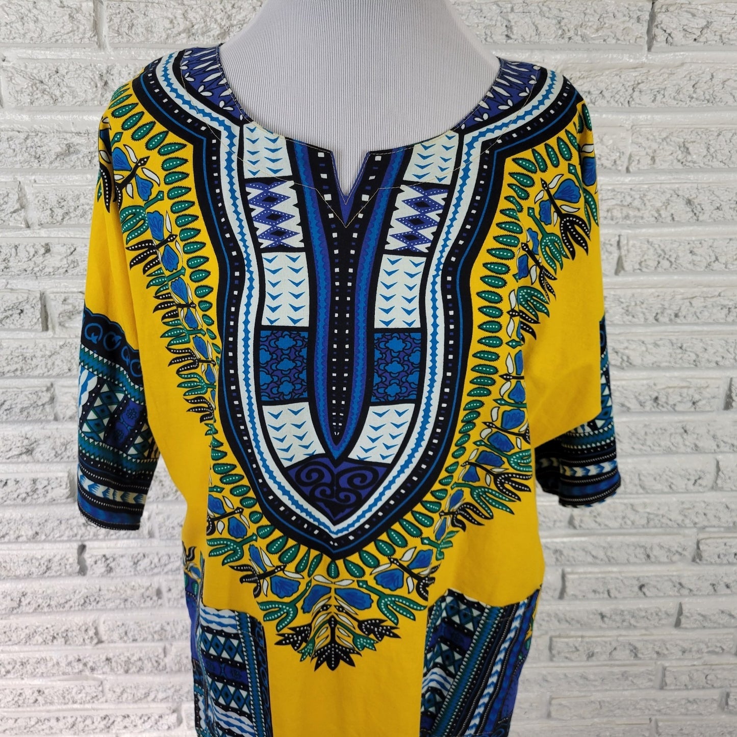 It Girl Womens Top XL Tunic Dolman Sleeve Yellow Geometric Boho Festival Cotton