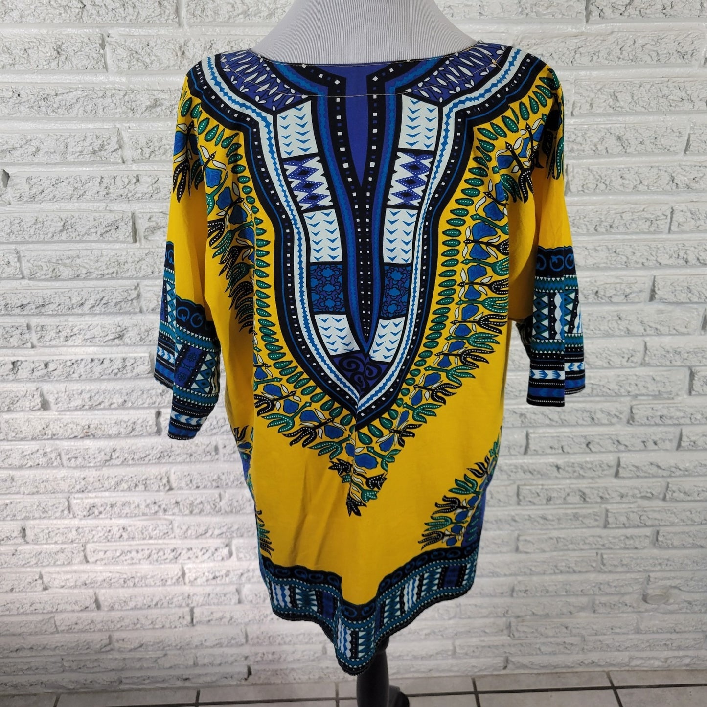 It Girl Womens Top XL Tunic Dolman Sleeve Yellow Geometric Boho Festival Cotton