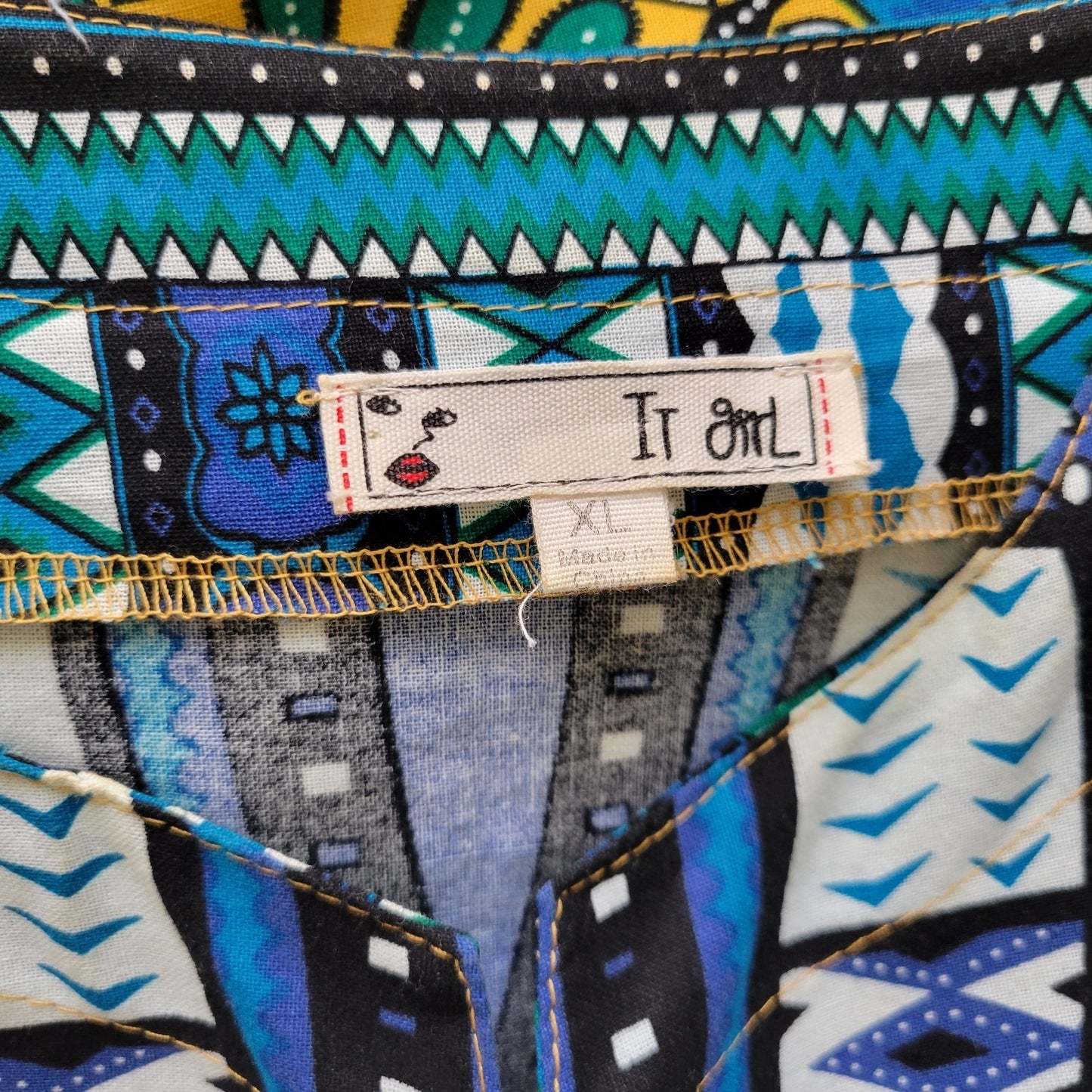 It Girl Womens Top XL Tunic Dolman Sleeve Yellow Geometric Boho Festival Cotton