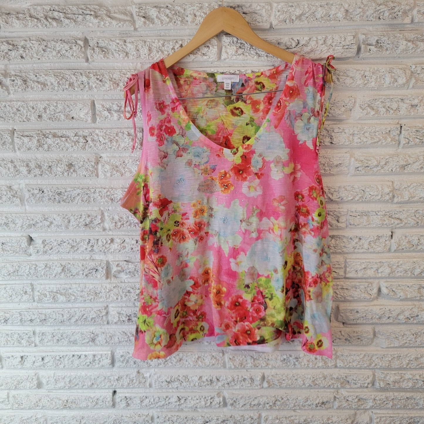 Concepts Womens Top XXXL 22 Plus Tank Pink Blue Floral Lightweight Rhinestones
