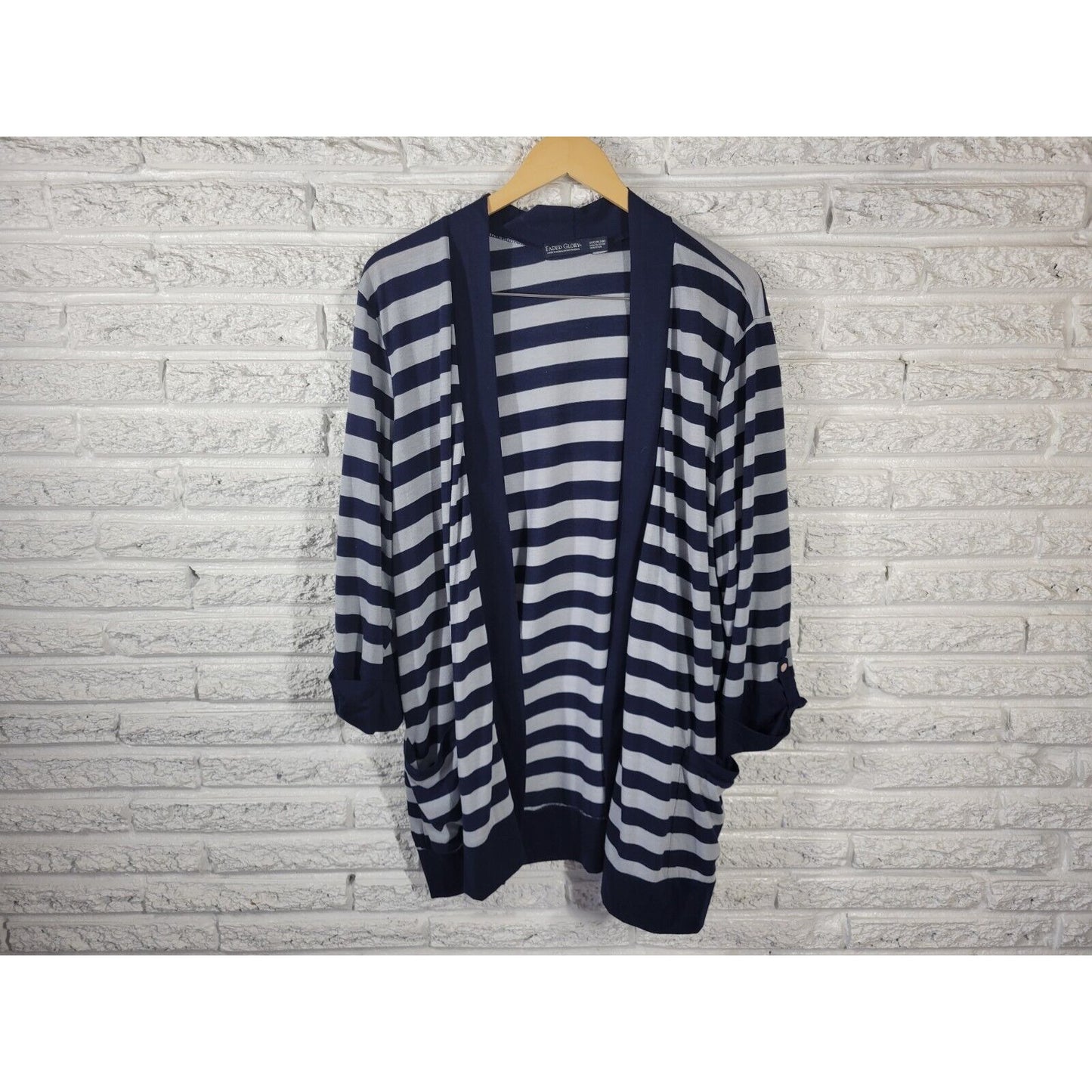 Faded Glory Womens Top 3X Cardigan Open Roll Tab 3/4 Sleeve Blue Stripe Pockets