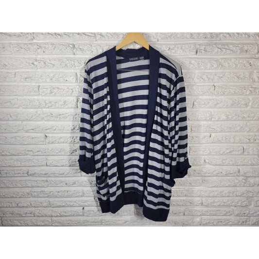 Faded Glory Womens Top 3X Cardigan Open Roll Tab 3/4 Sleeve Blue Stripe Pockets