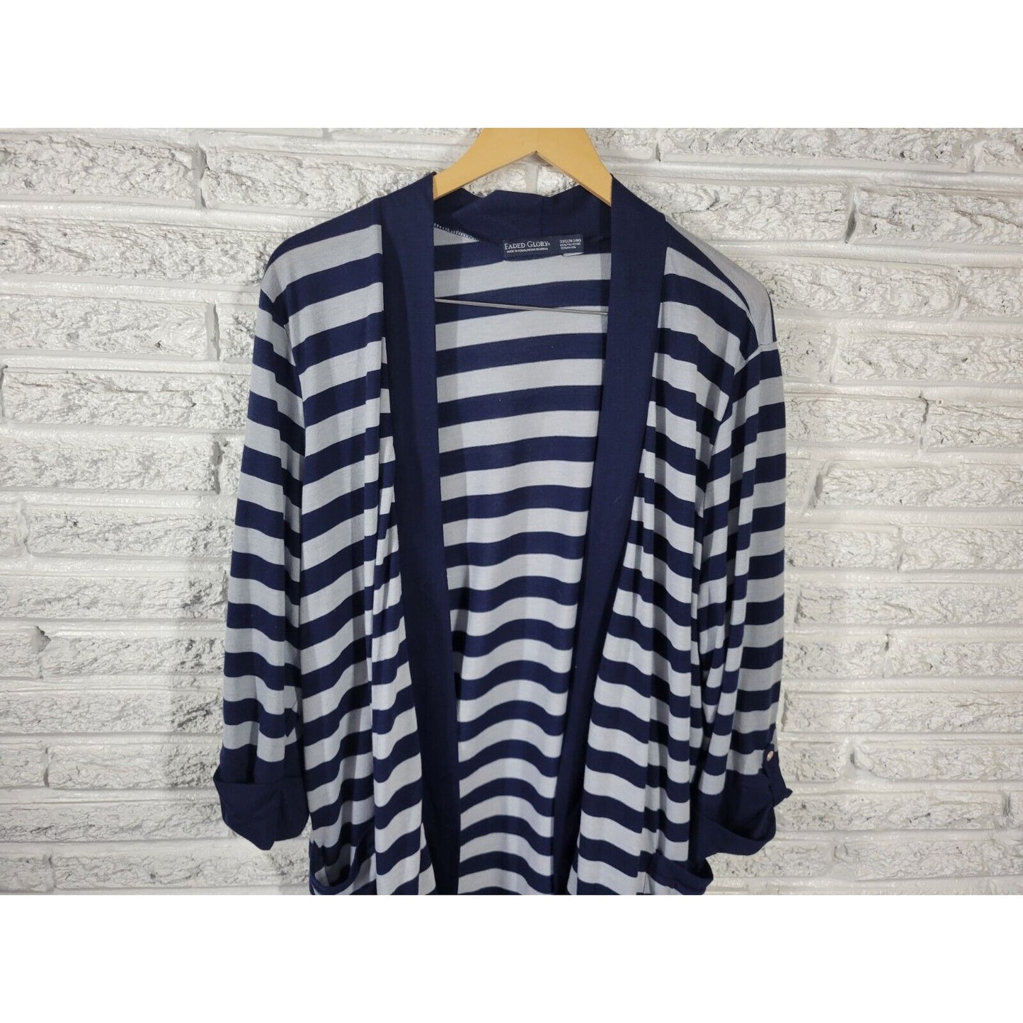 Faded Glory Womens Top 3X Cardigan Open Roll Tab 3/4 Sleeve Blue Stripe Pockets
