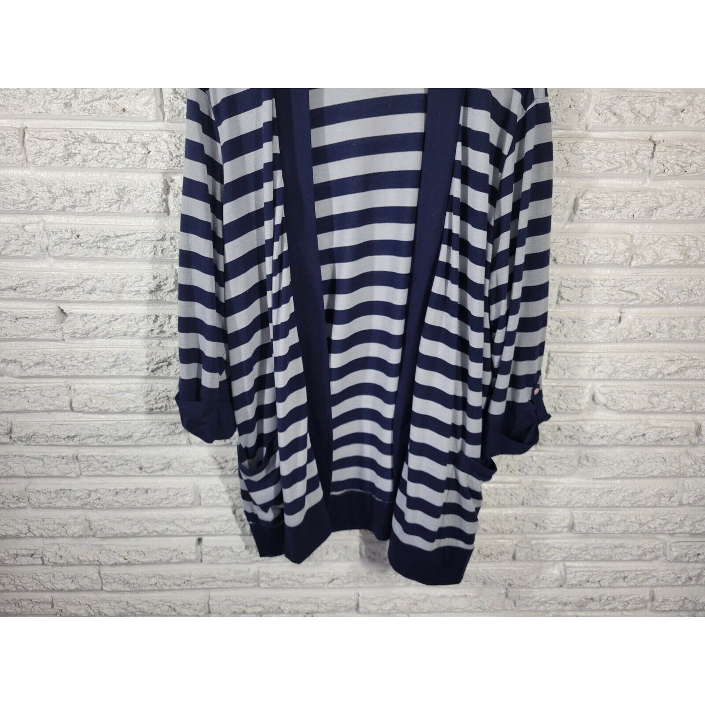 Faded Glory Womens Top 3X Cardigan Open Roll Tab 3/4 Sleeve Blue Stripe Pockets