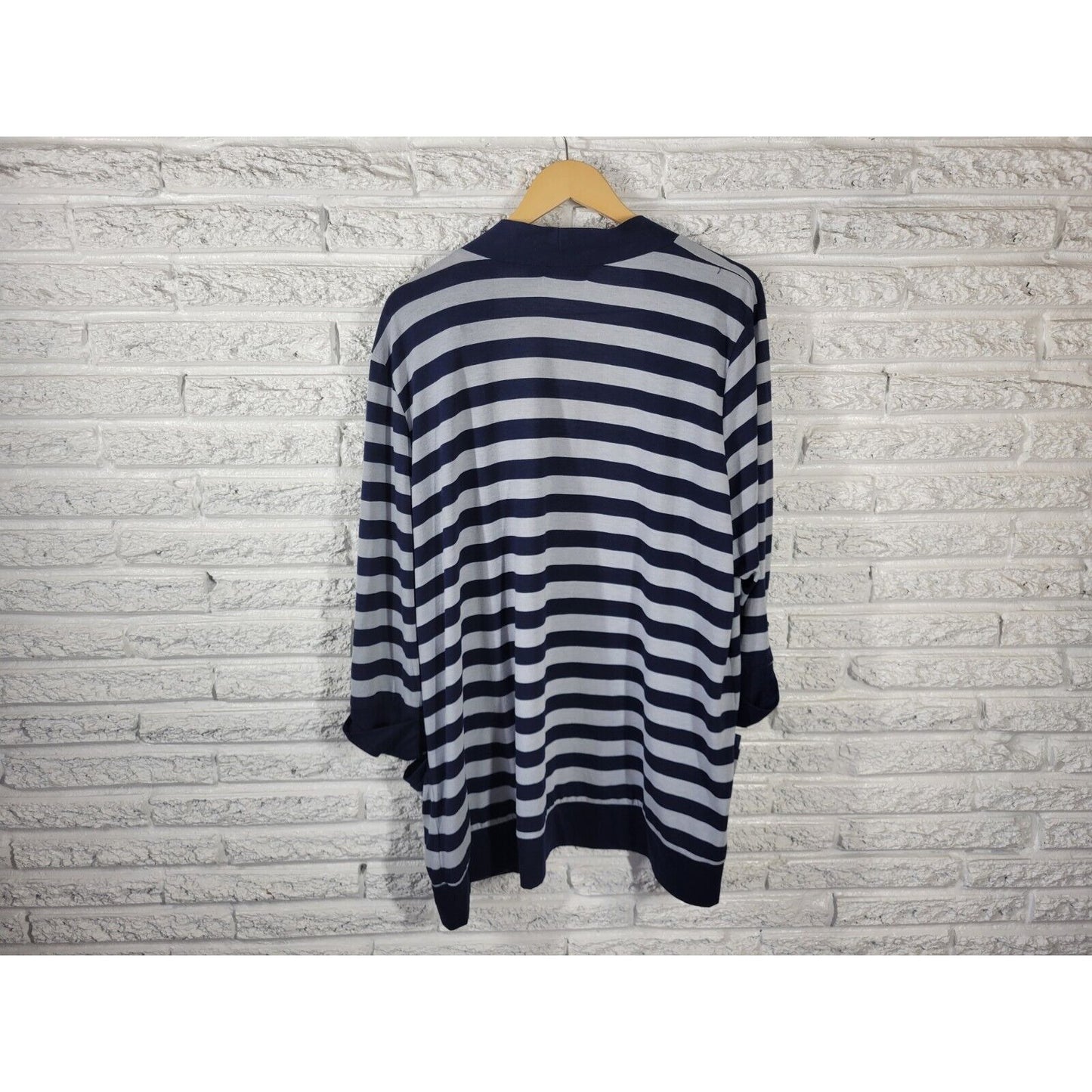 Faded Glory Womens Top 3X Cardigan Open Roll Tab 3/4 Sleeve Blue Stripe Pockets