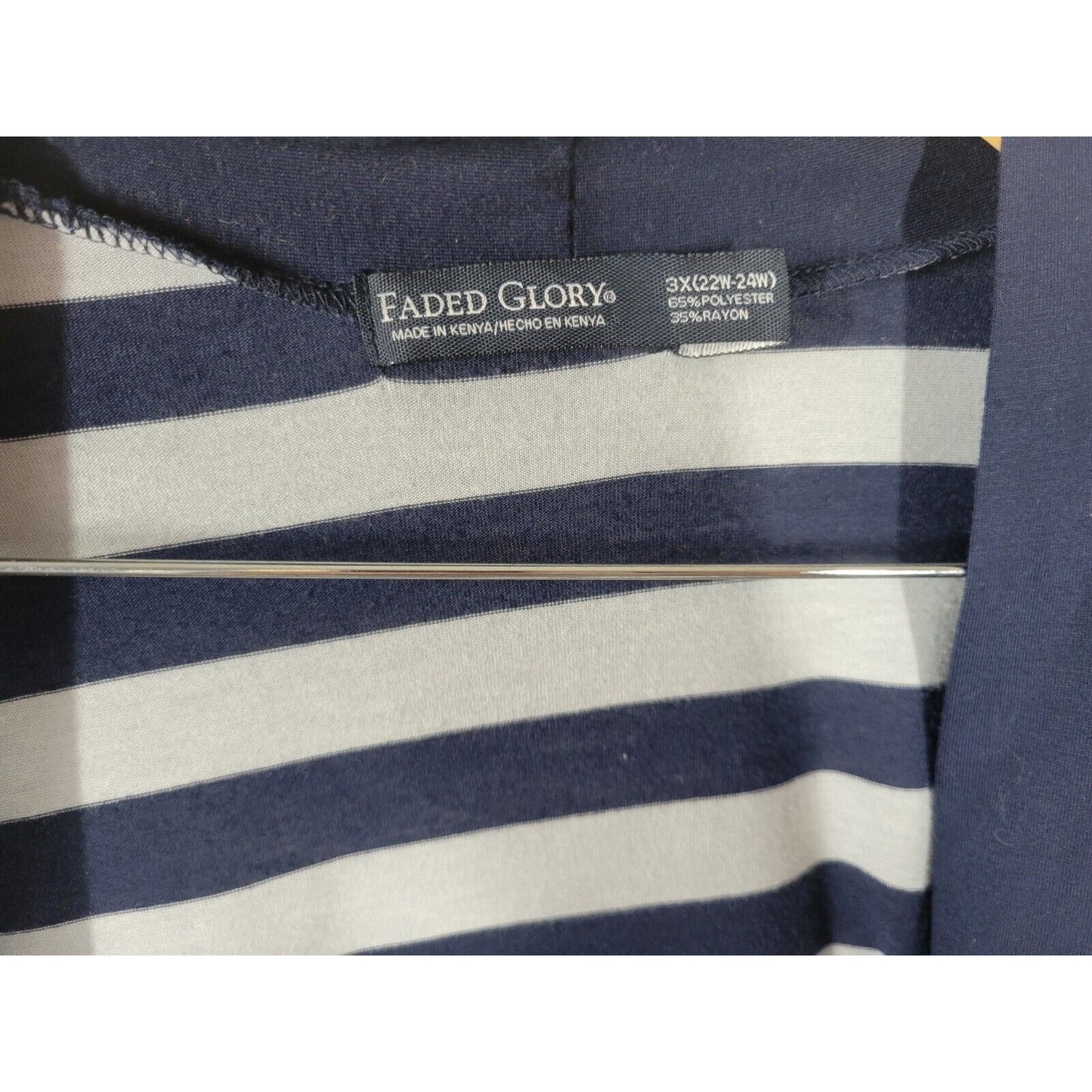 Faded Glory Womens Top 3X Cardigan Open Roll Tab 3/4 Sleeve Blue Stripe Pockets