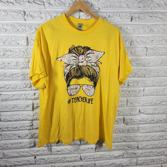 Gildan Womens Top Extra Large XL Teacher Life Teaching Yellow Casual Crew Cotton