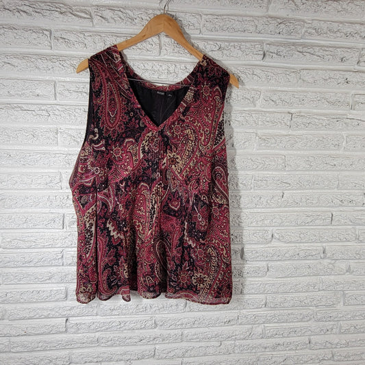 Ana Women Top 3X Plus Sleeveless Burgundy Black Paisley Side Zip Lined Polyester