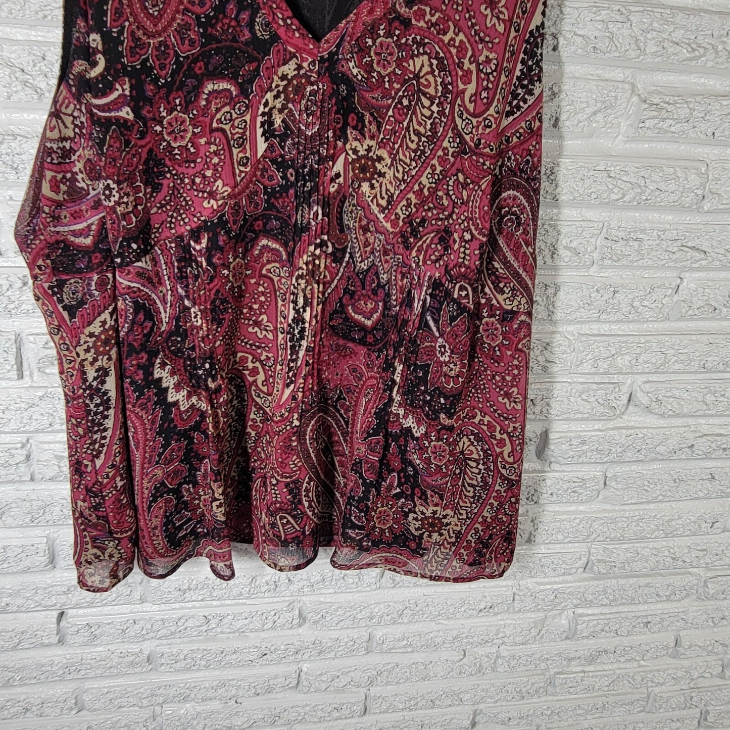 Ana Women Top 3X Plus Sleeveless Burgundy Black Paisley Side Zip Lined Polyester