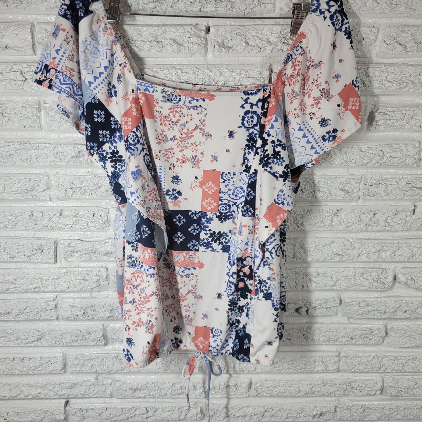 Cato Est 1946 Womens Top 22W 24W Plus Swing Blue Pink Floral Patchwork Tied Hem