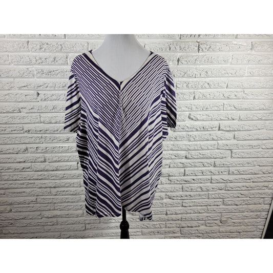 Catherines Womens Top 2X Plus Tunic Short Sleeve Purple Stripe Polyester Studded