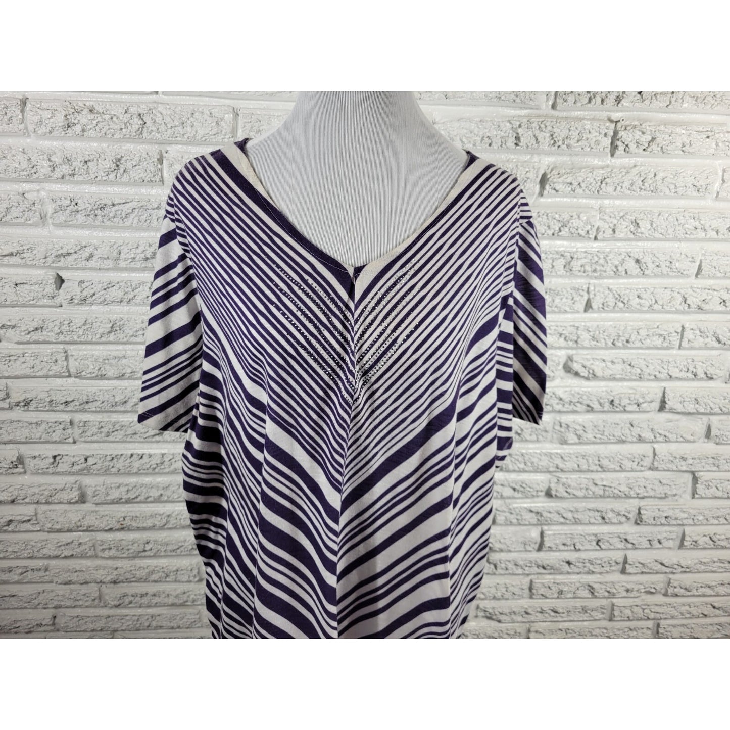 Catherines Womens Top 2X Plus Tunic Short Sleeve Purple Stripe Polyester Studded