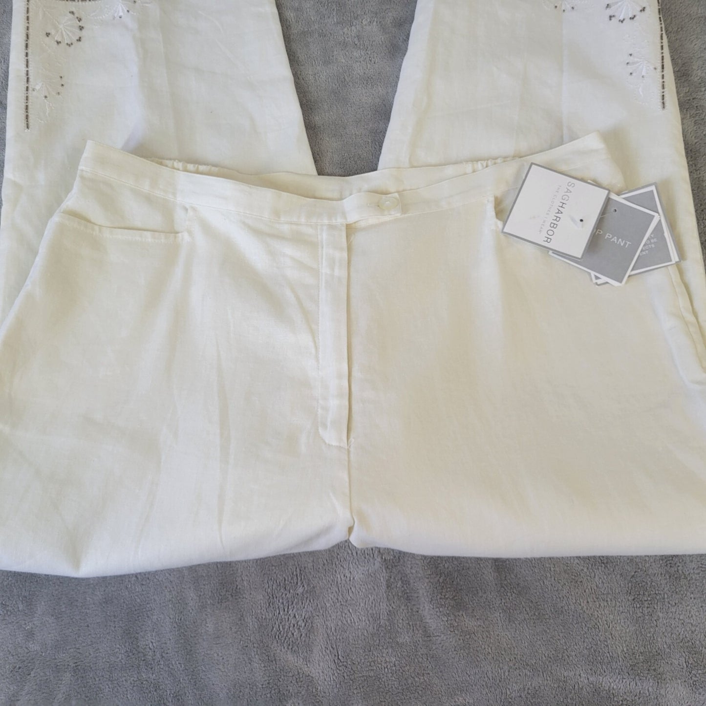 Sag Harbor Women Pants 18 Missy Capri Zip Fly Off White Beaded Lined Embroidered