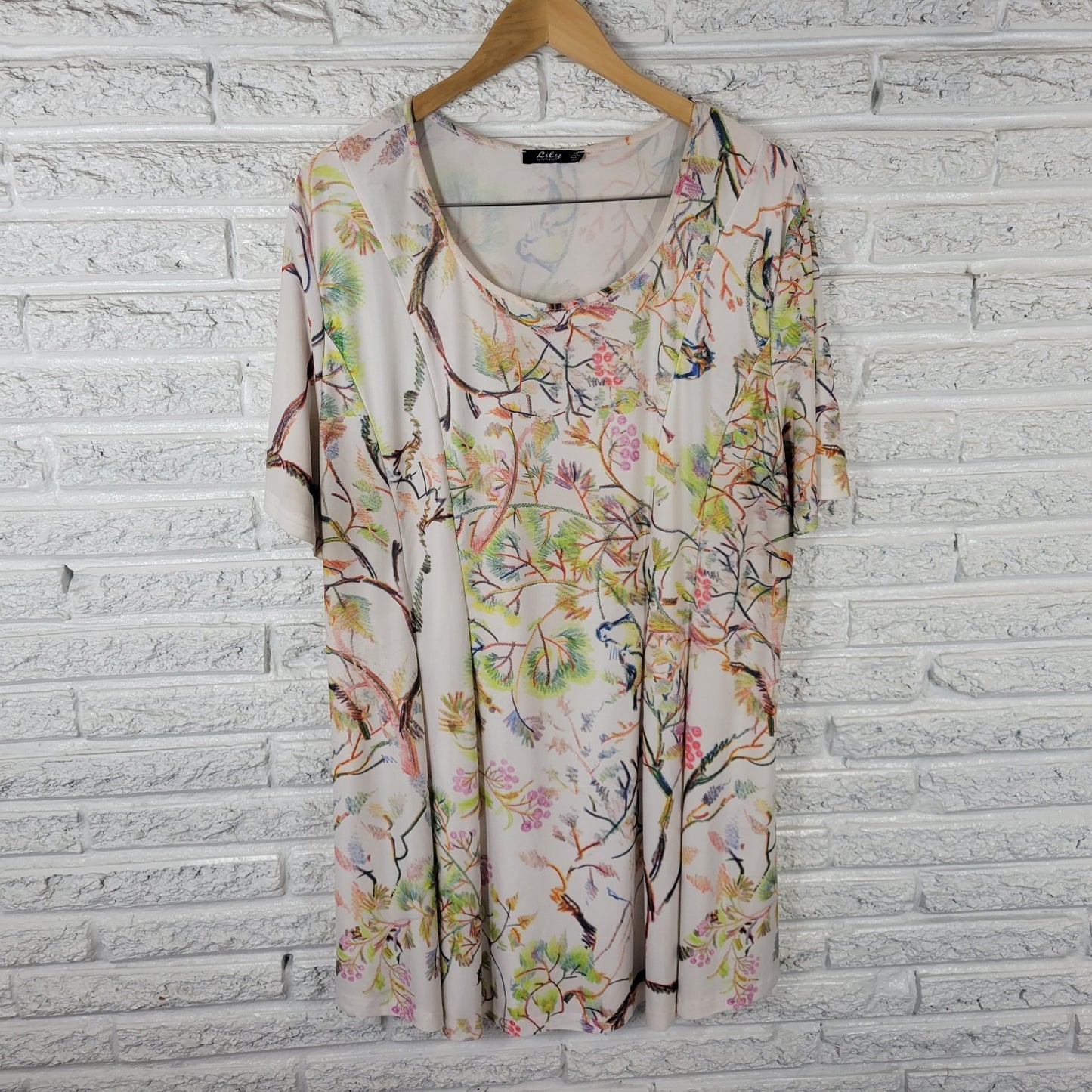 Lily Firmiana Womens Dress 1X Plus Mini Short Sleeve Birds Floral Poly Blend