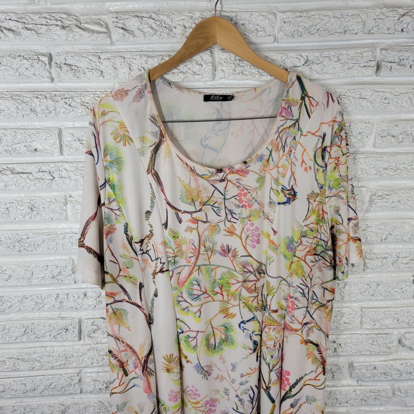 Lily Firmiana Womens Dress 1X Plus Mini Short Sleeve Birds Floral Poly Blend