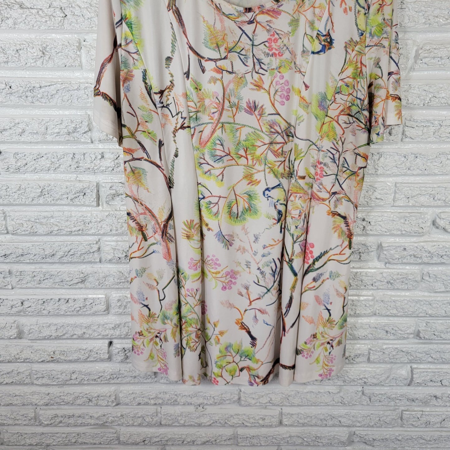 Lily Firmiana Womens Dress 1X Plus Mini Short Sleeve Birds Floral Poly Blend