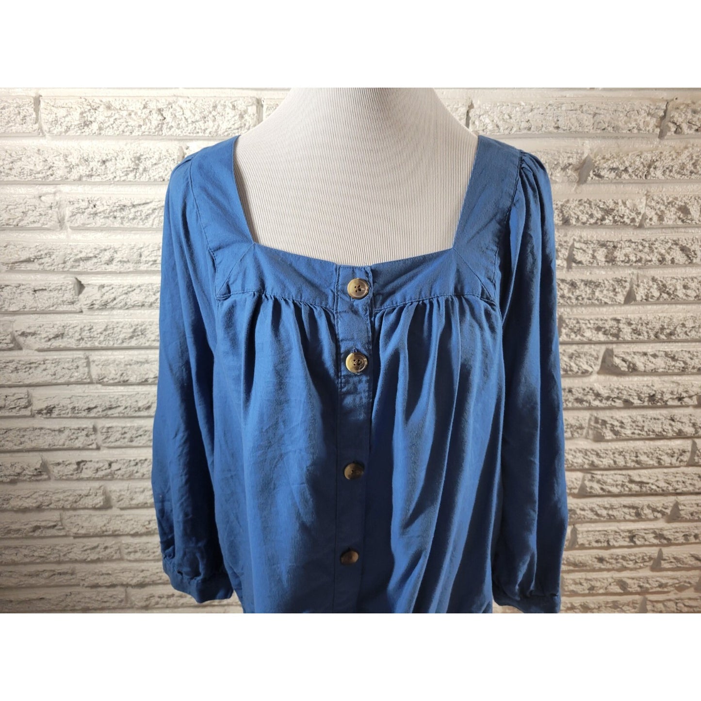 St Johns Bay Womens Top XXL Plus Long Sleeve Square Neck Button Up Casual Blue