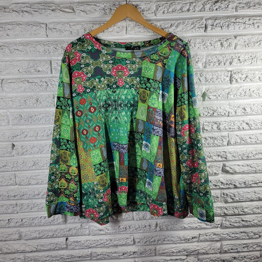 Emery Rose Womens Top 5XL Plus Long Sleeve Green Paisley Poly Blend Casual Comfy