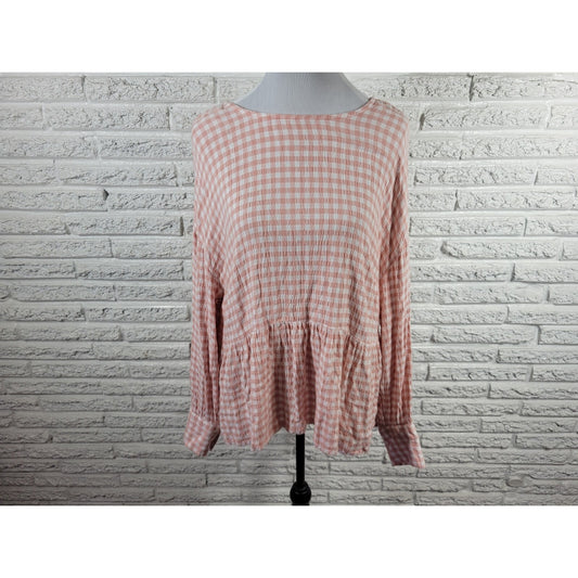 Time Tru Womens Top XXL 20 Plus Long Sleeve Peasant Pink Check Keyhole Back