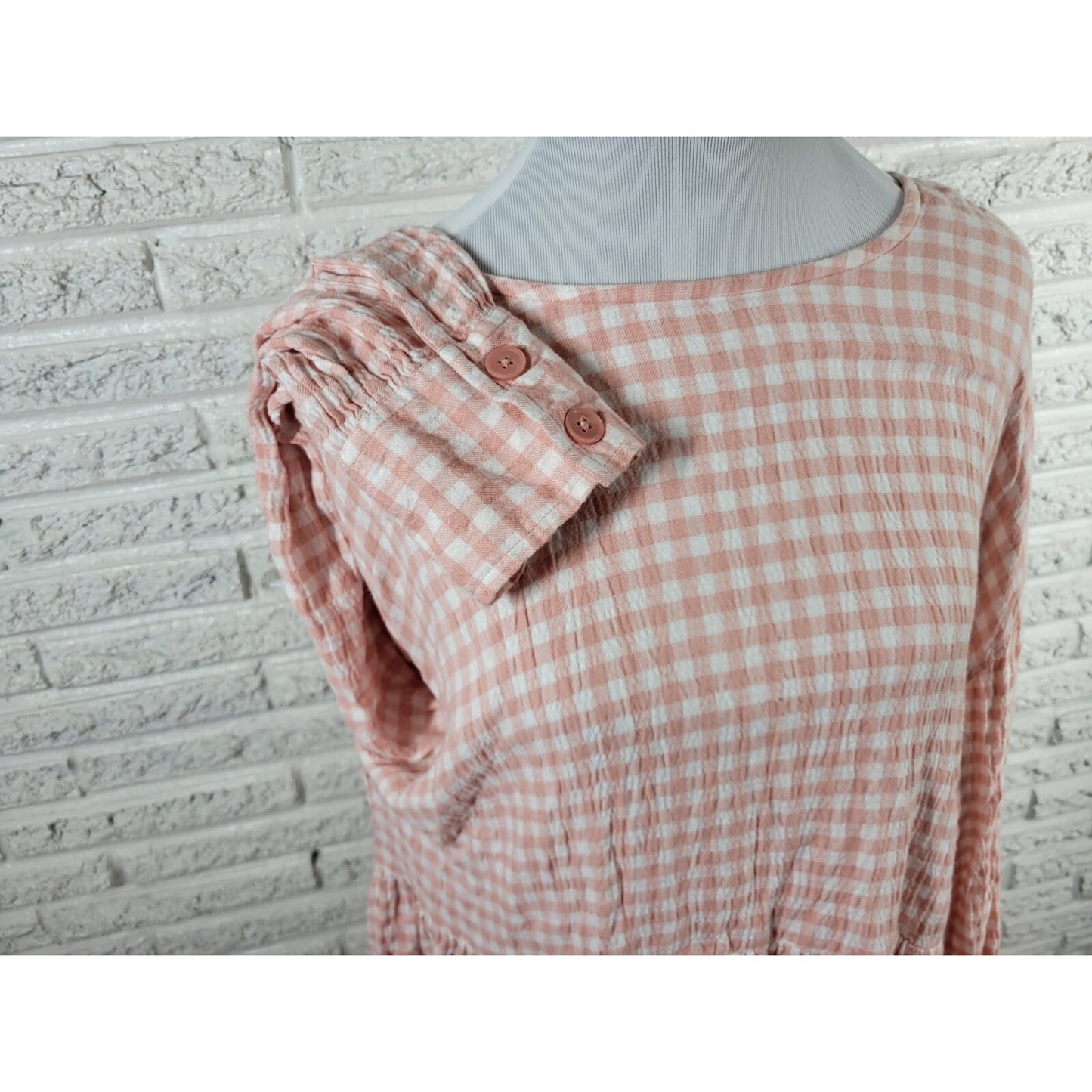 Time Tru Womens Top XXL 20 Plus Long Sleeve Peasant Pink Check Keyhole Back