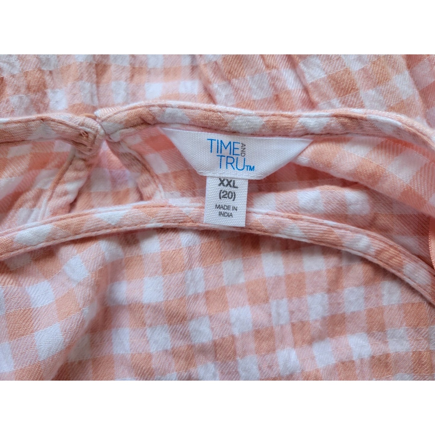 Time Tru Womens Top XXL 20 Plus Long Sleeve Peasant Pink Check Keyhole Back