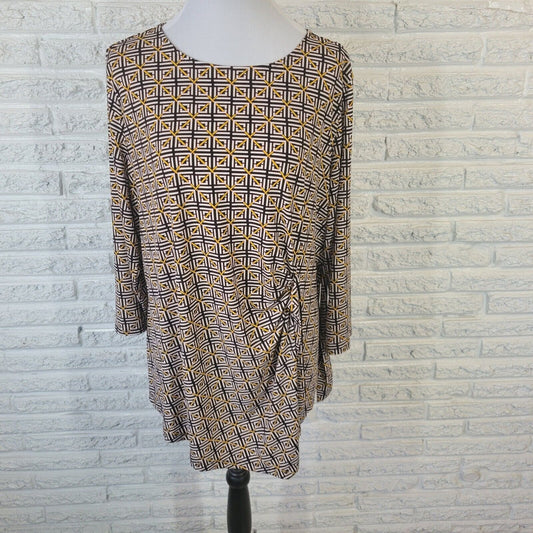 Liz Claiborne Womens Top XXL 3/4 Sleeve Black Geometric Poly Blend Sash Office