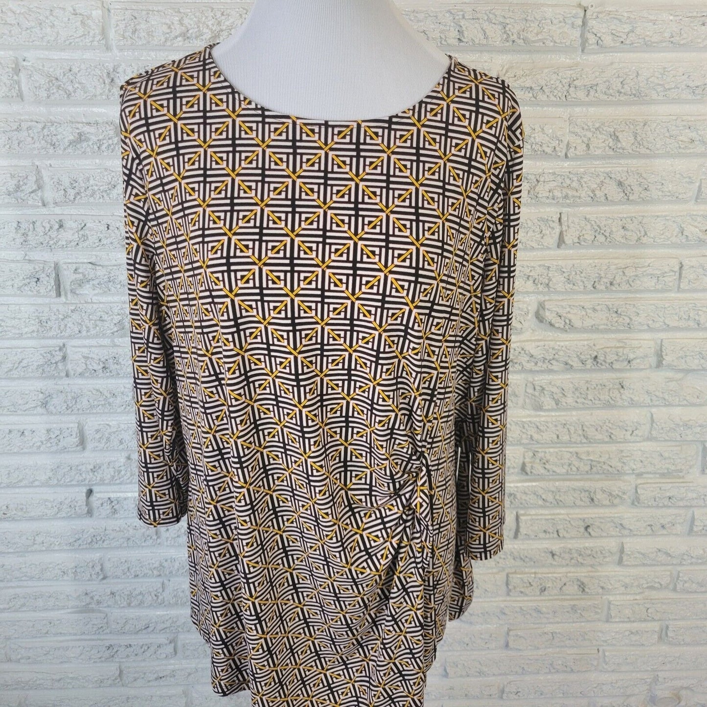Liz Claiborne Womens Top XXL 3/4 Sleeve Black Geometric Poly Blend Sash Office