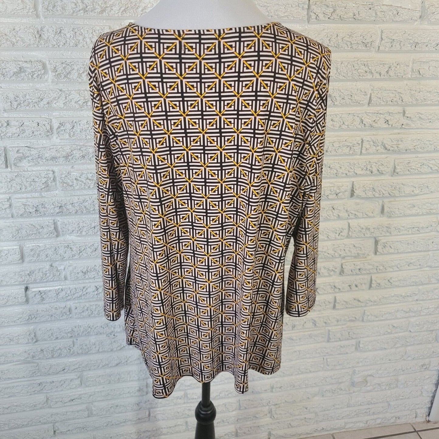 Liz Claiborne Womens Top XXL 3/4 Sleeve Black Geometric Poly Blend Sash Office