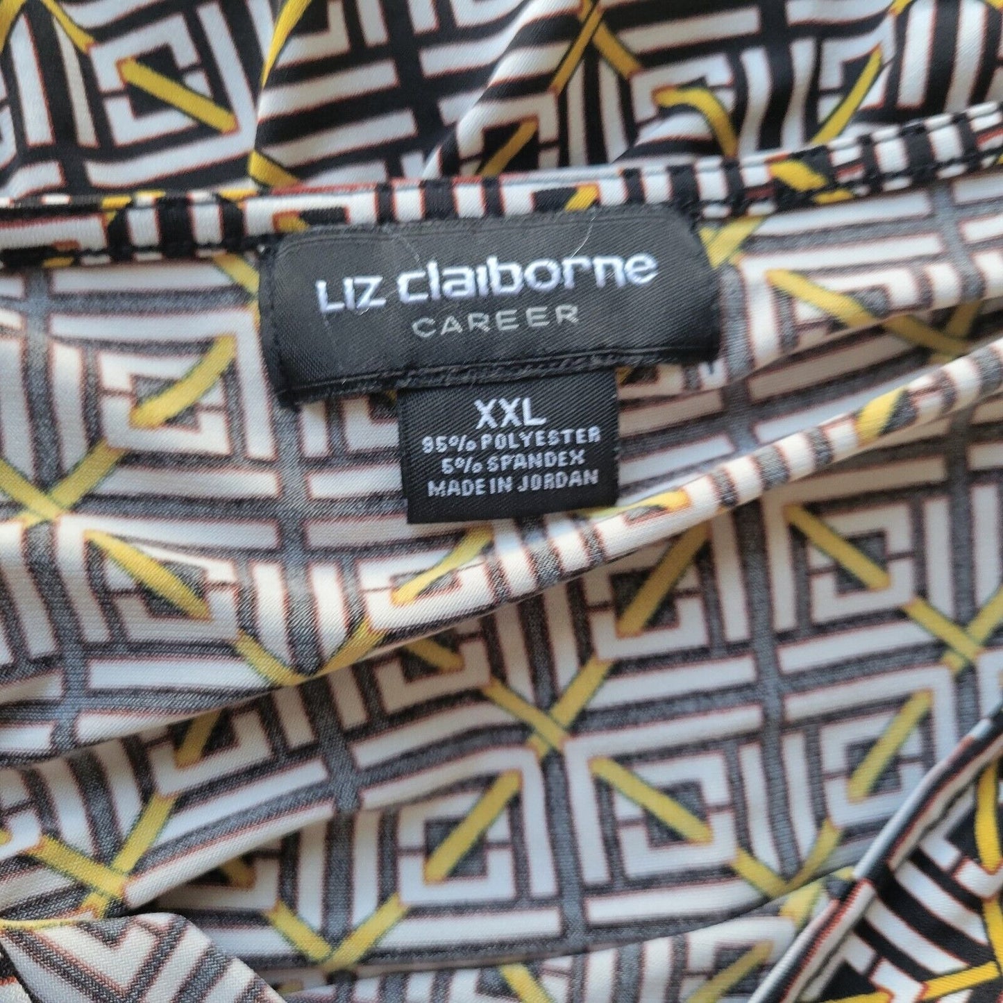 Liz Claiborne Womens Top XXL 3/4 Sleeve Black Geometric Poly Blend Sash Office