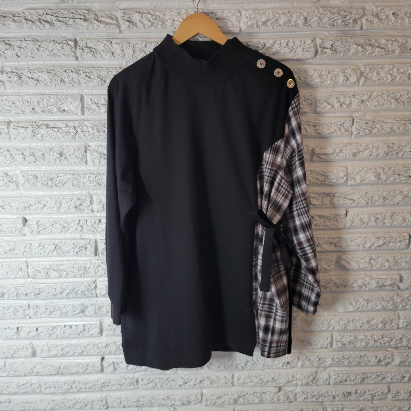 Shein Curve Womens Top 2XL Plus Tunic 3/4 Sleeve Black Plaid Sash Mock Turtle